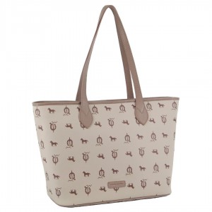 Handbags Pierre Cardin Canvas Print Leather Trim Tote Bag Feminino Bege | 2951-JMSNF