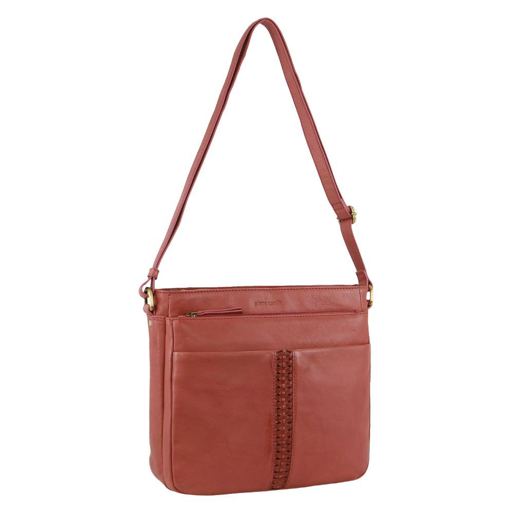 Bolsas Crossbody Pierre Cardin Leather Woven-Stich Design Crossbody Bag Feminino Marsala | 2690-FLVNA
