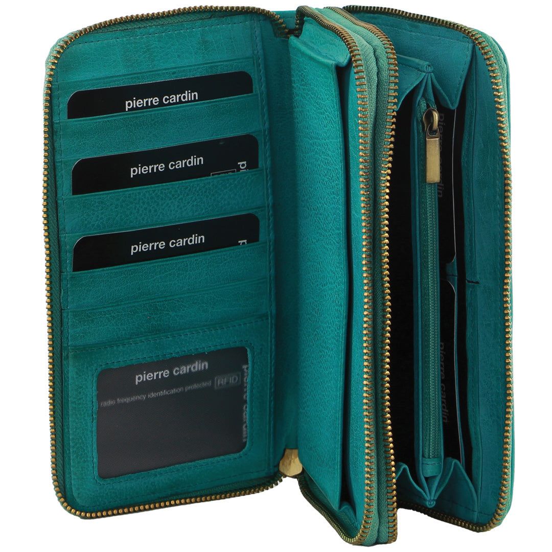 Carteira Com Zíper Pierre Cardin Italian Leather Double Zip Wallet Feminino Turquesa | 2164-XPDRY