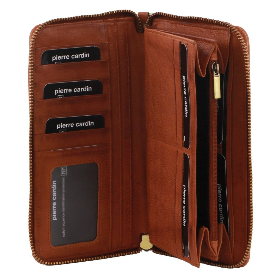 Carteira Com Zíper Pierre Cardin Leather Zip around wallet w Wristlet Feminino Marrom | 0847-ZDBIX