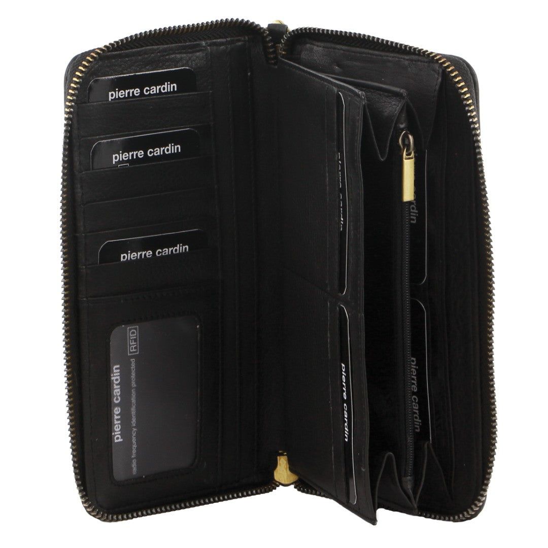 Carteira Com Zíper Pierre Cardin Leather Zip around wallet w Wristlet Feminino Pretas | 9720-MLXKZ