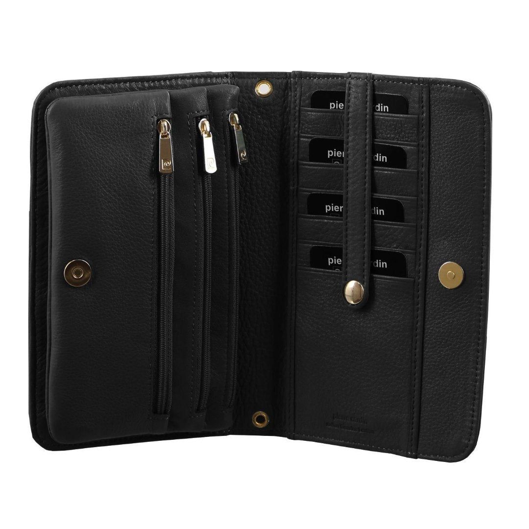 Carteiras Grandes Pierre Cardin Genuine Leather Clutch Wallet Bag Feminino Pretas | 0594-EGLXV